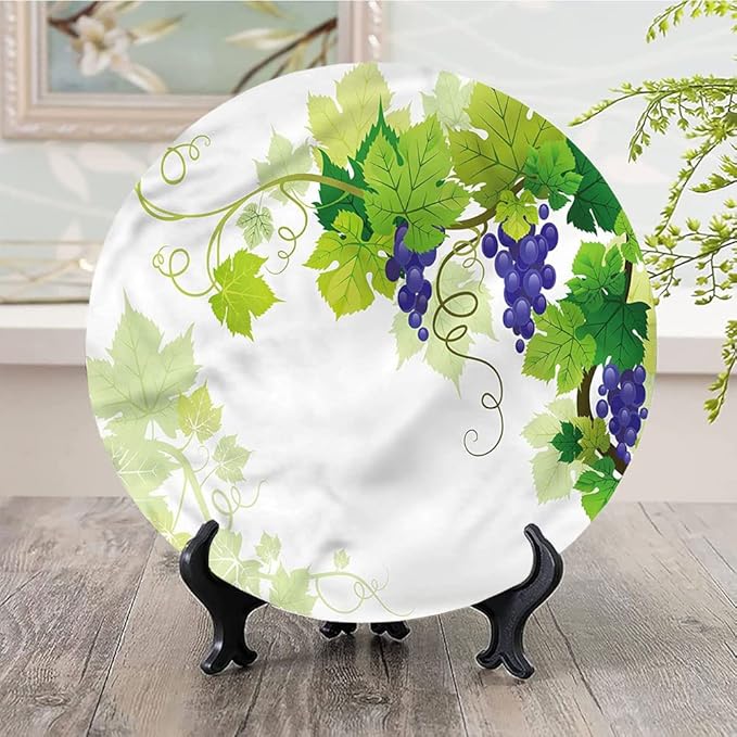 Decorative Plates, Vine Print Ornament, Grapes with Fresh Foliage, 6 Inch, 1 Plate with 1 Display Stand, Multicolor
