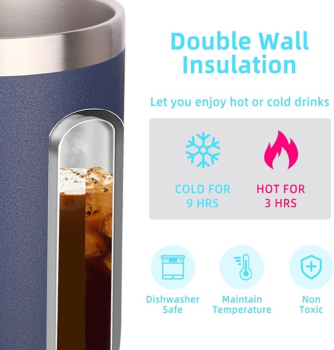 Volhoply 14oz Insulated Stainless Steel Coffee Mug with Lid Bulk 4 Pack,Double Wall Vacuum Travel Coffee Cup with Handle,Reusable Metal Cups Tumbler,Camping Mugs Keep Hot,Ideal Gifts(Navy,4)