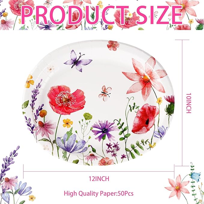 Grencian 50Pcs Floral Oval Paper Plates 10" X 12" Large Disposable Wildflower Plates Heavy Duty Watercolor Flower Platters for Spring Birthday Picnic Wedding Bridal Baby Shower Tea Party Supplies