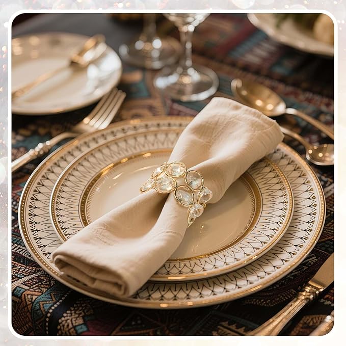 Crystal Metal Napkin Rings Set, Elegant Wedding/Party Table Decor, Shiny Holiday Dinner Accessories Bulk, Bridal Shower Gift, Anniversary, Christmas, Home Decor Essentials (Gold, 6-Pcs)