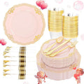 Ciaell 350 PCS Pink Plastic Plates - Pink and Gold Disposable Plates Include 50 Disposable Plate, 150 Heavy Duty Silverware, 50 Cups, 50 Napkins for Wedding & Party & Anniversary & Valentine's Day