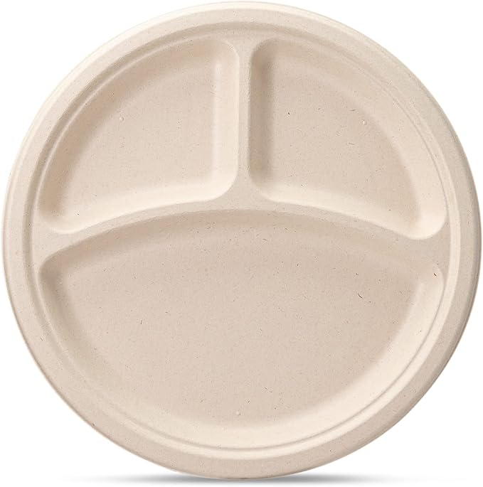 GUSTO [10 Inch - 125 Count Heavy-Duty 100% Compostable, 3 Compartment Eco-Friendly, Kraft Disposable Sugarcane Paper Plates - Brown Unbleached (Formerly Comfy Package)