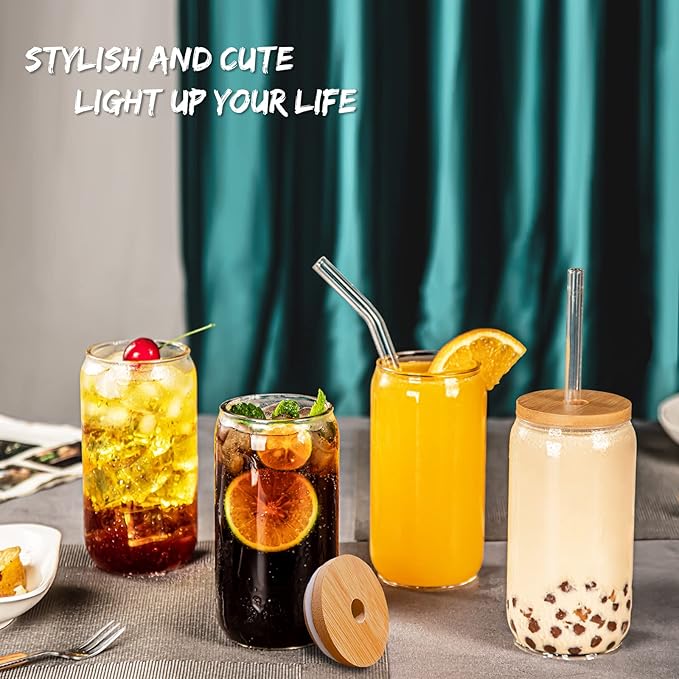 16 Oz Drinking Glasses with Bamboo Lids and Glass Straw - 8 Pcs Glass Cups Beer Ice Coffee Glasses Cute Aesthetic Cup Great for Coffee Bar Accessories Include 2 Cleaning Brushes