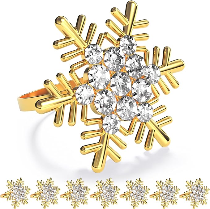 ZeeDix Christmas Gold Snowflake Napkin Rings Set of 8, Napkins Ring for Dinning Table - Rustic Dinner Tables Decoration for Wedding Receptions Christmas Thanksgiving Holiday Party Dinner Parties