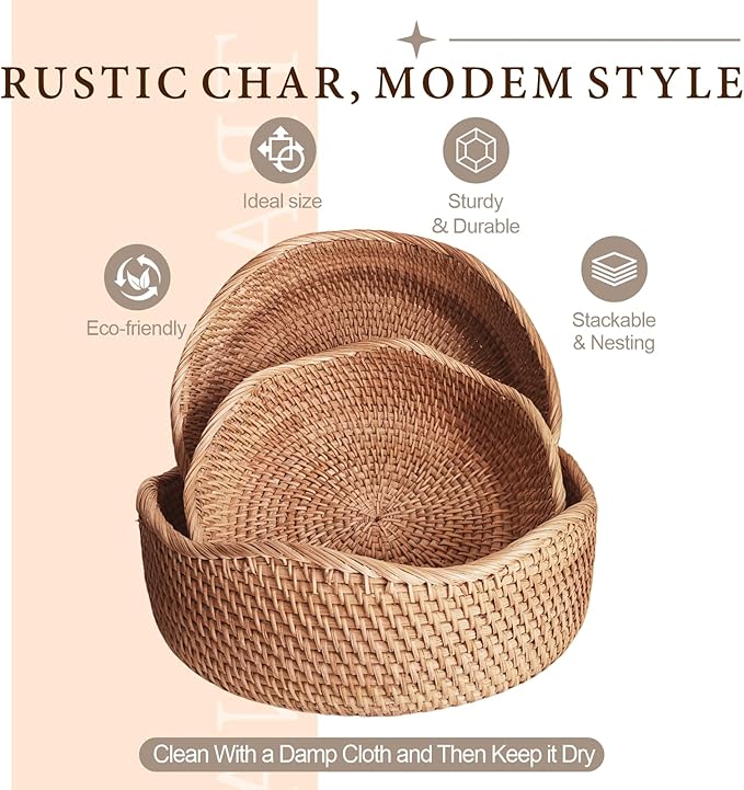 8.7" Wave Small Wicker Basket, Artisanal Key Bowl for Entryway Table, Decorative Bowl for Kitchen Counter, Bedside, Living Room, Natural Woven Fruit Bowl, Purse Bowl, Rattan Bread Basket