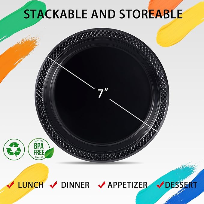 WELLIFE 7 Inch Black Dessert Plates 150 Count, Disposable Plastic Dessert Plates for Party Cake Appetizers Salad Picnic BBQ Easter