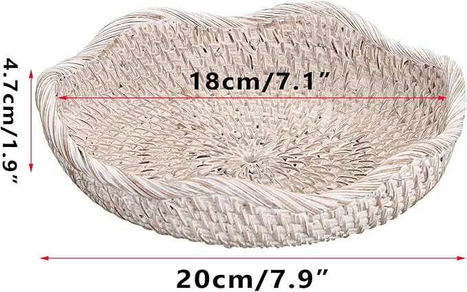 Hipiwe Handwoven Rattan Basket Tray Decorative Key Tray for Entryway Table Handwoven Wicker Storage Bowl for Fruit Bread Candy, Whitewash 7.9 Inch