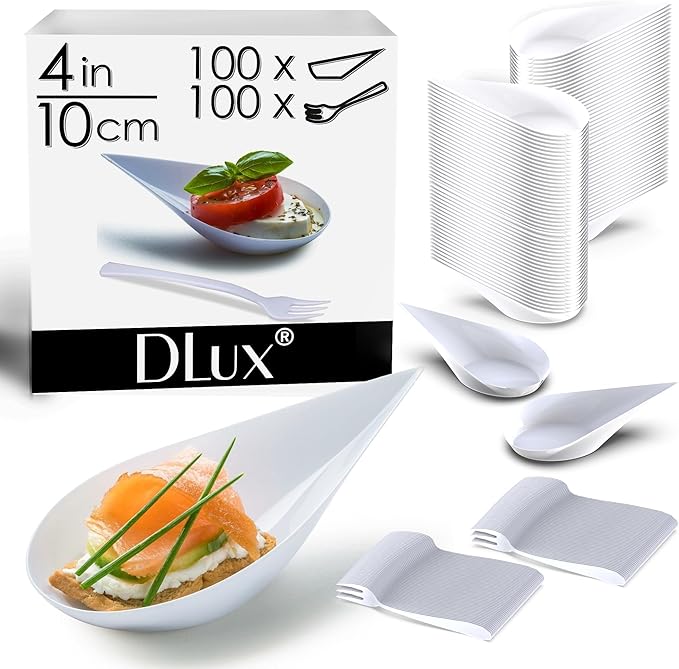 DLux 100 4-in Tear Drop Mini Appetizer Plates with Forks, Reusable White Plastic Spoons - Desserts and Appetizers Dishes Serving Plate - Asian Spoon Set, Small Catering Dessert Tasting Cups