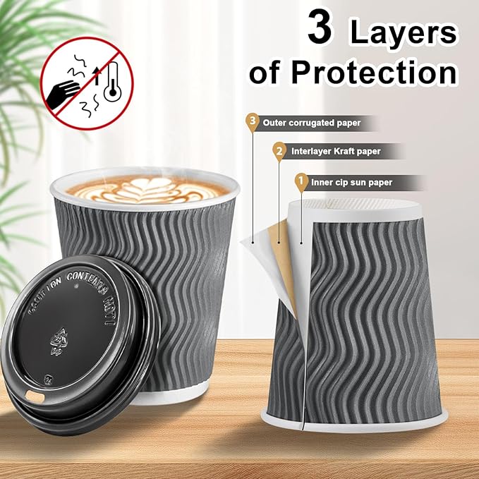 100 Pack 8 oz Disposable Coffee Cups with Lids, Insulated Ripple Wall To-Go Paper Coffee Cups Suitable for Chocolate Cocoa and Hot/Cold Drinks (Grey)