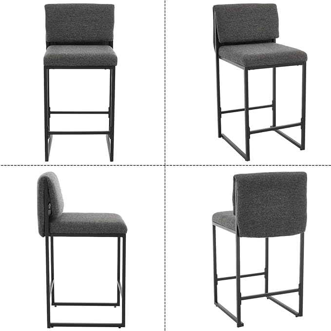 Modern Barstools Set of 4, 26” Upholstered Counter Height Bar Stools Sherpa Fabric Counter Stools with Padded Back Metal Frame for Kitchen Island Dining Room, Black