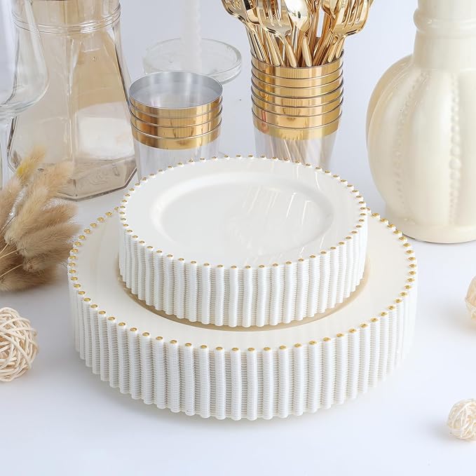 EI 60pcs Beige Plastic Plates with Gold Rim,Ivory Disposable Plates,Heavy Duty Fancy Plastic Plate,10.25" Dinner & 7.5" Dessert Plate Elegant for Party,Wedding,Birthday,Spring,Afternoon tea