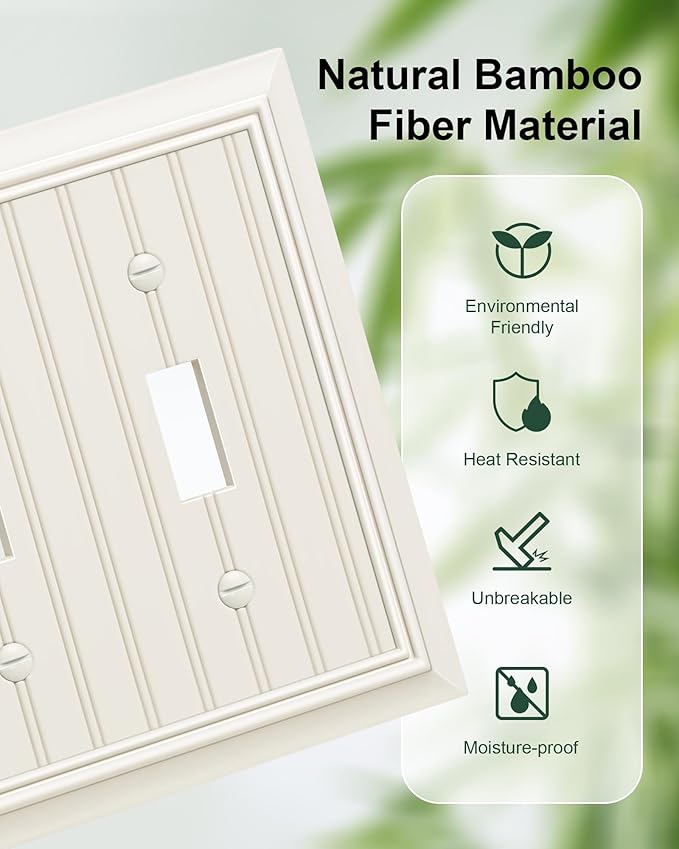 2-Pack Classic Beadboard Triple Toggle Light Switch Cover Plate, Durable Natural Bamboo Fiber Decorative Switch Plate Covers, Light Almond 3 Gang Wall Plate