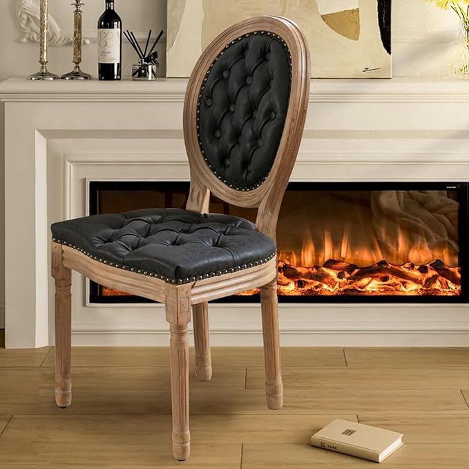 SoarFlash French Dining Chairs Set of 6, Vantage Dining Chair with Round Back, Farmhouse Country PU Leather Dining Chair for Kitchen,Bedroom,Black