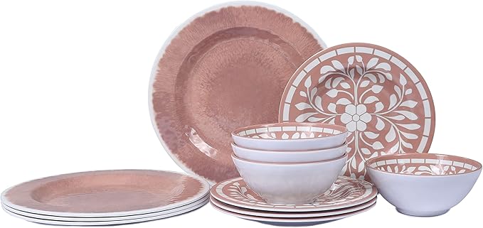 Melamine Dinnerware Sets - 12 Pcs Plates and Bowls Set,Unbreakable Dinner Dishes Set for 4,Lightweight, Dishwasher Safe, BPA Free,Indoor Outdoor use, Pink