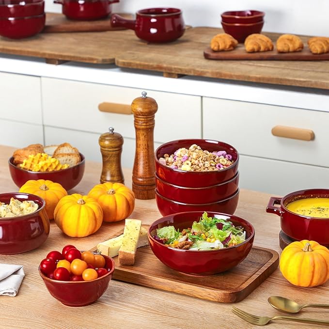 vicrays Ceramic Soup Bowls with Handles, 24 Oz Porcelain Soup Crocks for French Onion Soup, Cereal, Beef Stew, Chill, Pasta, Pot Pies, Microwave and Oven Safe, Set of 4 (Cherry Red)