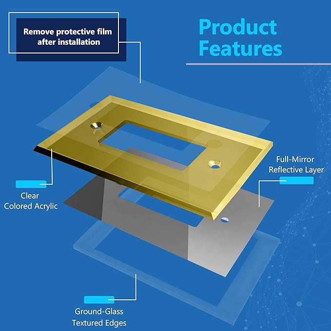 LIDER Reflective Acrylic Decorator Wall Plate, Mirrored Light Switch Plate, Plexiglass Outlet Cover, Acrylic Glass, Oversized 1-Gang 5.25" x 3.44", LWP-31O-AGD5P, Gold, 5 Pack