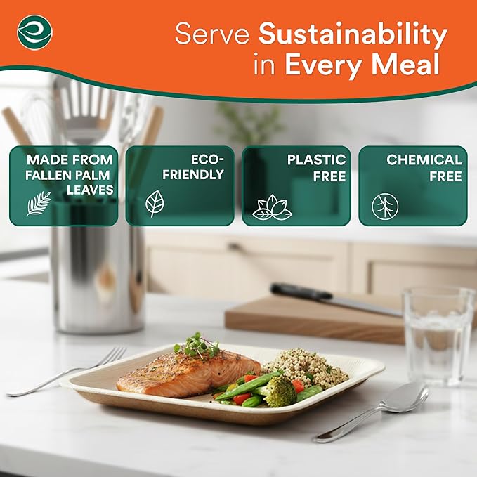 ECO SOUL Palm Leaf Disposable Bamboo Plates 10" Square Compostable & Biodegradable Party Plates for Christmas Dinner, Weddings, Parties & Events 100 Count