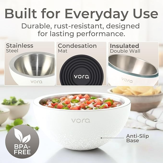 Vora 18oz Dip Chiller Bowl | 2 Pack White Stainless Steel Chilled Dip Bowl for Dips, Guacamole, Hummus, Salsa | Insulated Serving Dishes with Easiest Water Fill & Refillable Chamber