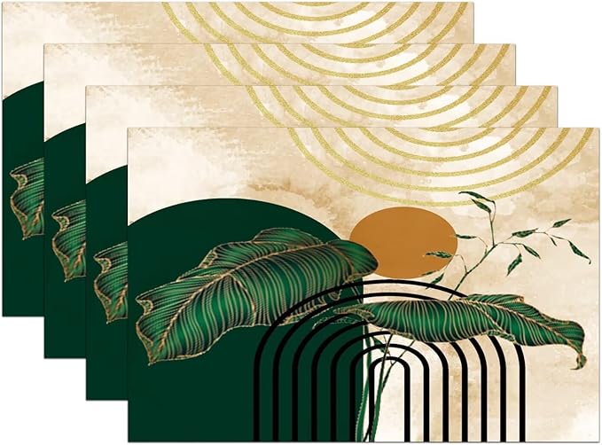 Abstract Emerald Placemats Minimalist Modern Contemporary Aesthetic Vintage Arch Neutral Washable Place Mats 12x18Inch for Dining Kitchen Farmhouse Decor 6 PCS