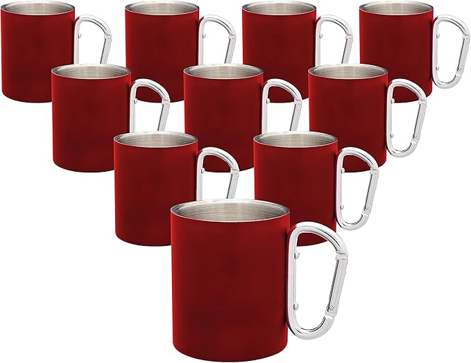 DISCOUNT PROMOS Stainless Steel Mugs with Carabiner Handle 10 oz. Set of 10, Bulk Pack - Perfect for Coffee, Soda, Other Hot & Cold Beverages - Red