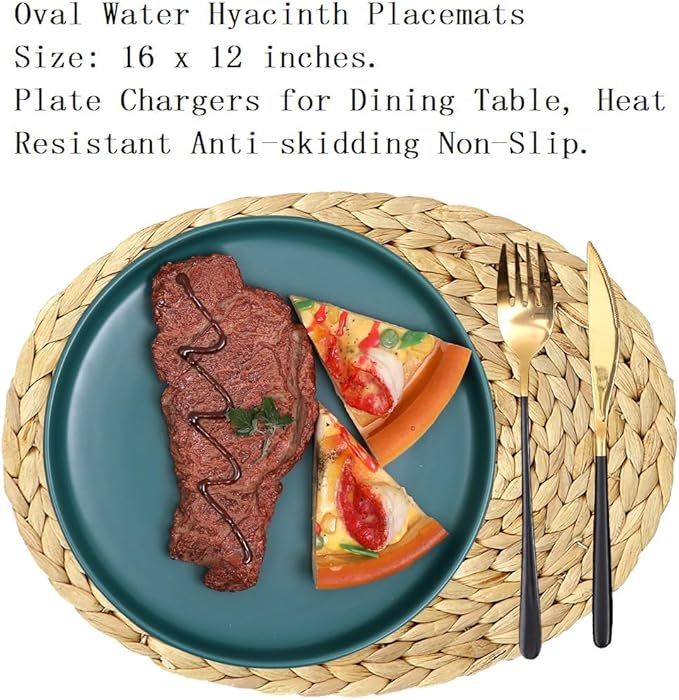 Oval Woven Placemats Set of 6, Natural Water Hyacinth Charger Plates Non-Slip Weave Placemats Farmhouse Straw Braided Rattan Tablemats, Oval Wicker Place Mats for Dining Table