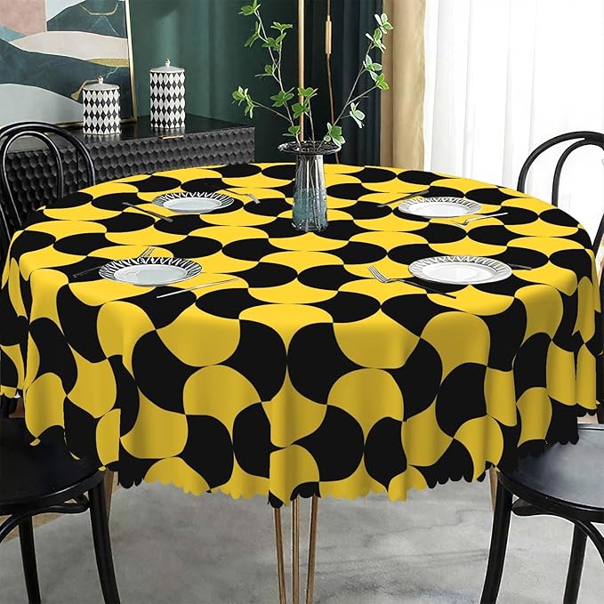 Laeacco 24 Inch Geometric Round Tablecloth Black and Gold Abstract Pattern Modern Art Print Table Cloth Washable Waterproof Wrinkle Free Table Cover for Kitchen Dining Picnic Party Decoration