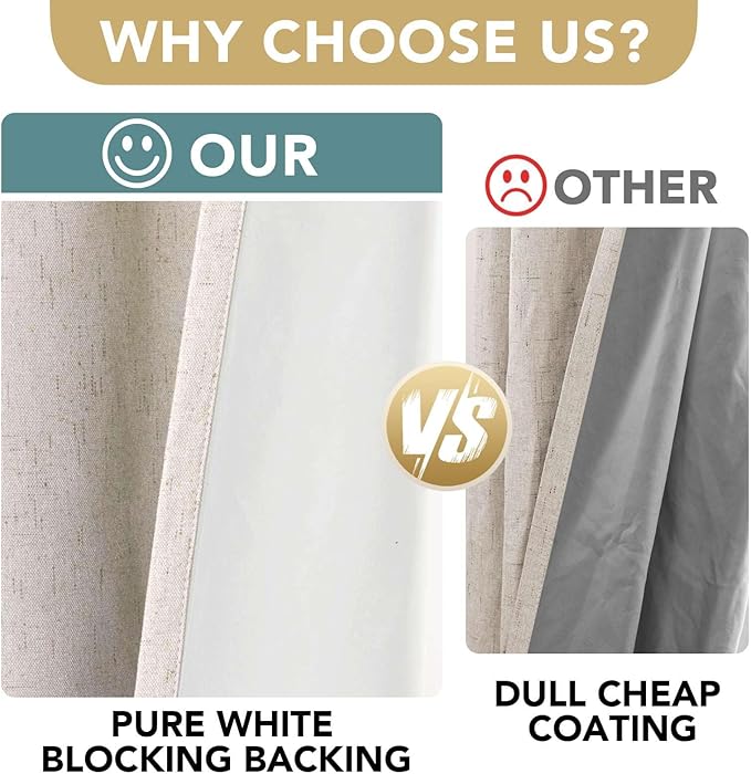 H.VERSAILTEX Linen Blackout Curtains 45 Inches Long 100% Blackout Thermal Insulated Textured Linen Look Curtain Draperies Anti-Rust Grommet, Energy Saving with White Liner, 2 Panels, Natural