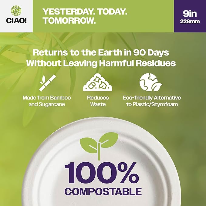 CIAO! 9" Heavy Duty Plate 100% Compostable PFAS Free Unbleached Bagasse Natural White (Pack of 500)