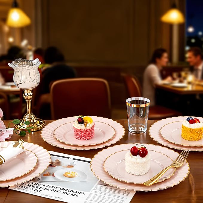 YOUBET 350PCS Pink Scalloped Plastic Plates - Pink and Gold Disposable Dinnerware Set Include 100 Plates, 150 Gold Silverware, 50 Cups, 50 Napkins for Wedding & Party Valentines Day