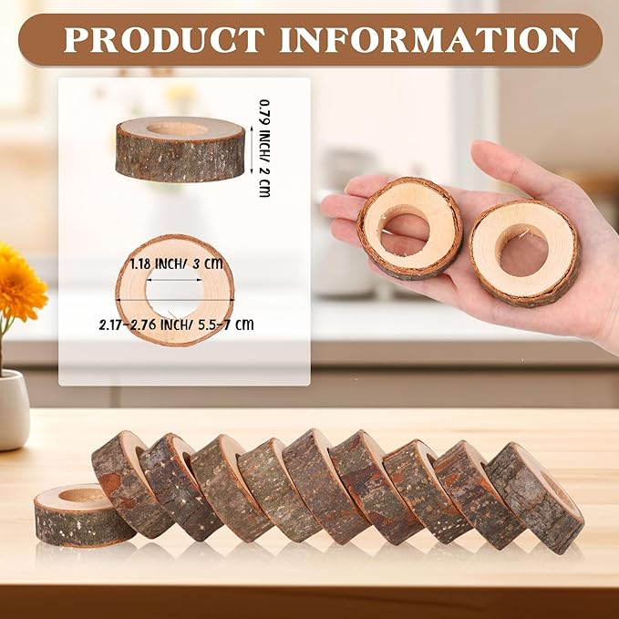Tessco for you Set of 48 Handmade Wood Napkin Rings, Round Bark Napkin Ring Holders for Dining, Wedding, Birthday, Party, Table Decor, Home and Kitchen Decoration