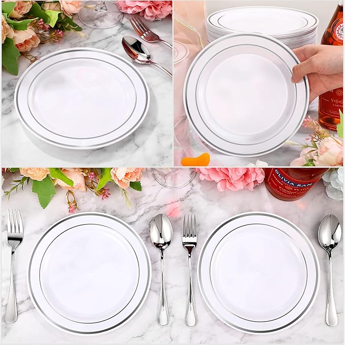 Sieral 200 Pieces Disposable Plates Plastic Party Plates with Rim Hard Plastic Appetizer Salad Dessert 7.5 Inch Elegant Heavy Duty Tableware for Dinner Wedding Party Supplies(Silver Rim)