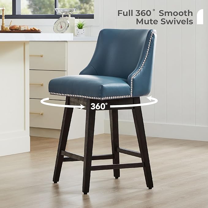 CHITA Counter Height Swivel Bar Stools Set of 4, FSC Certified Upholstered Counter Stools, Modern Swivel Barstools with Wood Legs for Kitchen Island, 26" Seat Height, Faux Leather in Blue