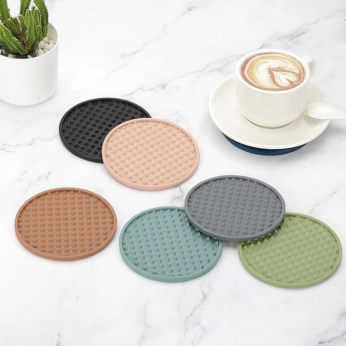 uxcell Set of 6 Round Drink Coasters with Holder, 4" Silicone Coaster for Drinks Non-Slip Cup Coaster Heat Resistant Glass Cushion for Bar Kitchen Office Decor, Light Green(Pentagon)
