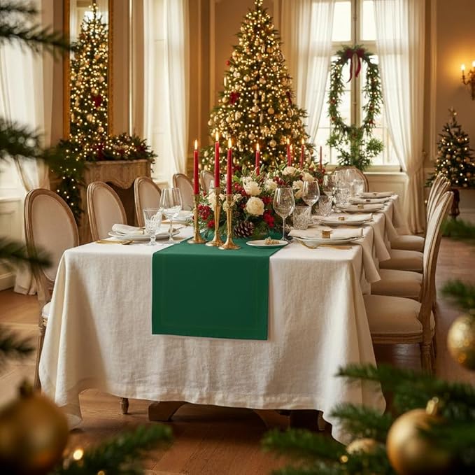 D'Moksha Homes Linen Forest Green Table Runner 132 Inches Long - 100% Pure Linen Extra Long Table Runner 14 x 132 Inch for St Patricks Day, Easter - Machine Washable