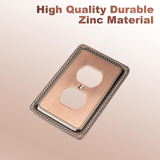 Henne Bery Rope Edge Decorative Wall Plate Switch Plate Outlet Cover (Single Duplex, 2 Pack, Antique Copper)