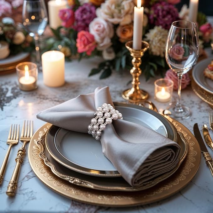 Decozen Set of 16 White Napkin Rings with Pearl Design, Festive, Table Decor Setting for Holiday, Wedding, Birthday, Kitchen, Home Decor, Housewarming Gift - Mothers Day Decorations