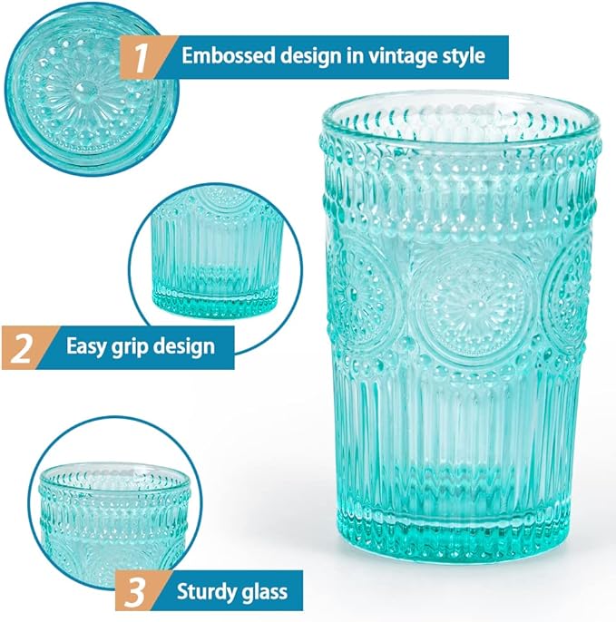 MDLUU Colored Glassware, Multicolor Drinking Glasses, Embossed Water Glasses, Colored Tumblers Glass, Capacity 12oz/345ml, Set of 4