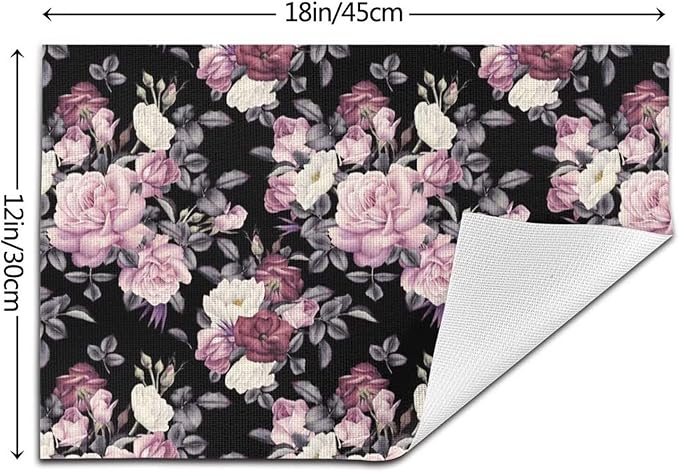 Vintage Floral Placemats Set of 6 Pink Rose Peony Flower Blossom Black Wipeable Table Mats Reusable Washable PVC Rectangle Place Mats for Kitchen Dining Home Decor 12x18 Inches