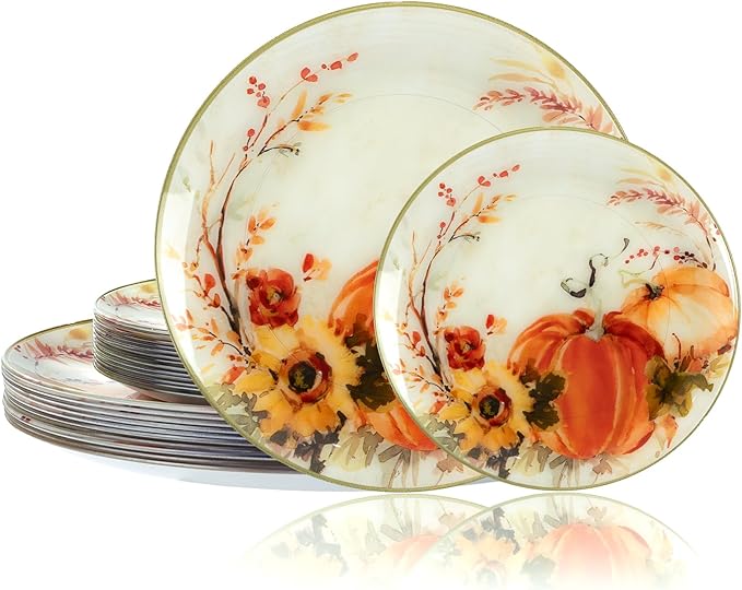 DaYammi 20 Thanksgiving Plastic Plates - Disposable Heavy duty Fancy Pumpkin Patterns, Orange plastic plates 10.25-inch Dinner and 7.5-inch Dessert Plastic Plates for Thanksgiving & holiday