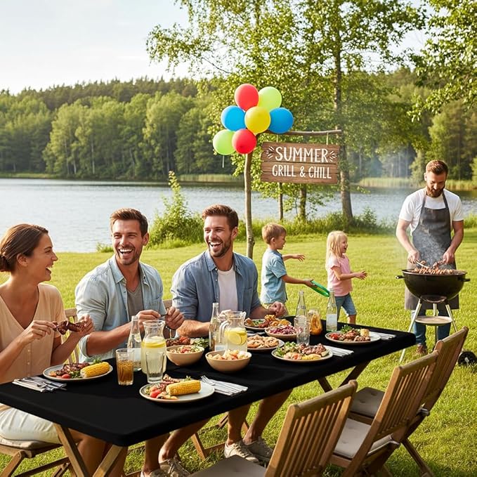 Smiry Rectangle Picnic Table Cloth, Waterproof Elastic Fitted Tablecloths for 4 Foot Tables, Washable Polyester Table Cover for Camping, Indoor and Outdoor (Black, 30"x48")