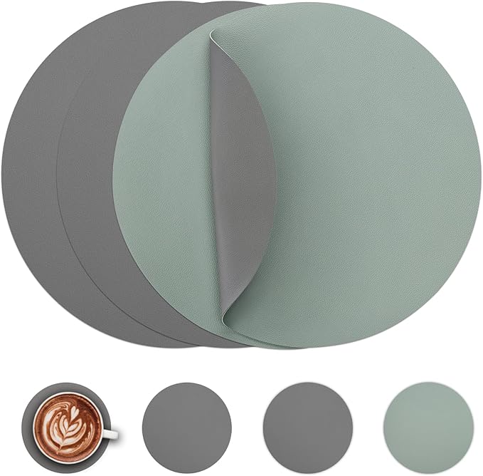 Myir JUN Round Placemats Set of 4 Faux Leather Place Mats and Coasters 15 inch Round Table Mats Dual Sided Non-Slip Stain Resistant Placemats (Gray & Sage Green, Set of 4)