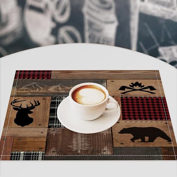 Vintage Bear Deer Placemats Rustic Wildlife Moose Forest Animal Cabin Lodge Lake Pine Heat-Resistant Linen Table Place Mats for Dining Kitchen Country Camp Style Farmhouse Decor 6 PCS, Countryside-7