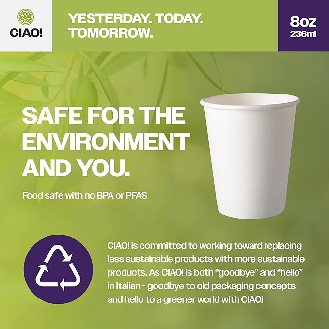CIAO! 8oz White Paper Hot Cup, Disposable, 80mm Diameter 1,000 Count