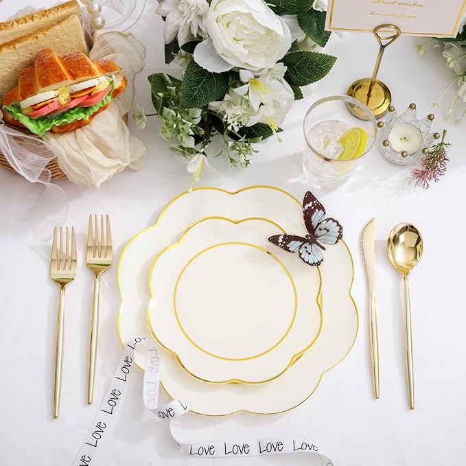 EI 180pcs Beige Plastic Plates with Gold Plastic Silverware,Heavy-Duty Disposable Plates for Party,White Dinnerware Set for 30 Guest Wedding,Afternoon Tea,Spring,Valentine's Day,Easter