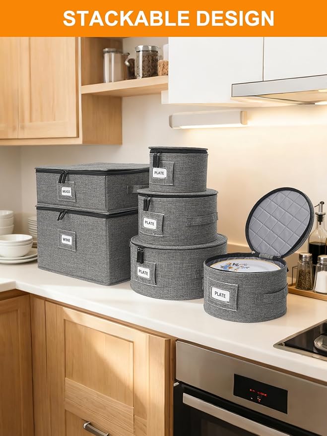punemi 6-Piece Hard Shell China Storage Containers, Mug & Cup Organizer, Wine Glass Storage Boxes with Dividers & Carry Handles, Moving Boxes for Dinnerware, Glassware, and Stemware,Grey