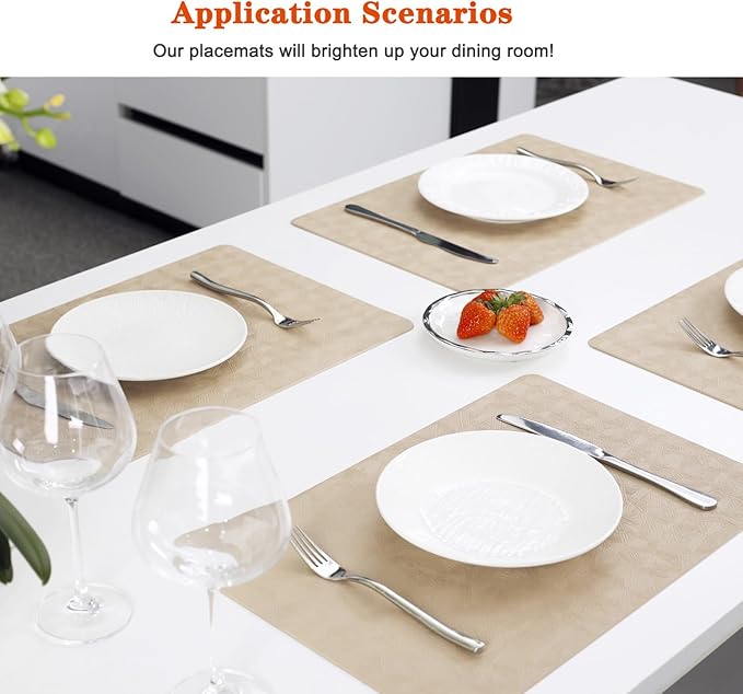 Vinyl Placemats Set of 8 Heat Resistant Easy Clean Non-Slip Place Mats for Dining Table Faux Leather Waterproof Stain Resistant Wipeable Washable PVC Table Mats(8, Beige)