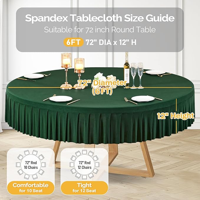 2 Pack Hunter Green Spandex Round Tablecloths for 72in Table, Stretchy Fitted 6FT Round Table Cloths, Wrinkle Free Table Cover with Skirt for Wedding Birthday Party Bridal Shower Banquet
