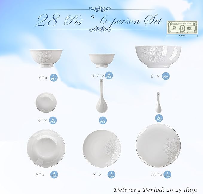 Fine Bone China Dinnerware Set,Porcelain&Ceramic Dinnerware Sets,Bone Stoneware&Ceramic Cookware Tableware Set Includes Dinner Plates|Spoons|Pasta Bowls|Soup Pot|Chopsticks (28PCS * 6-Person Set)
