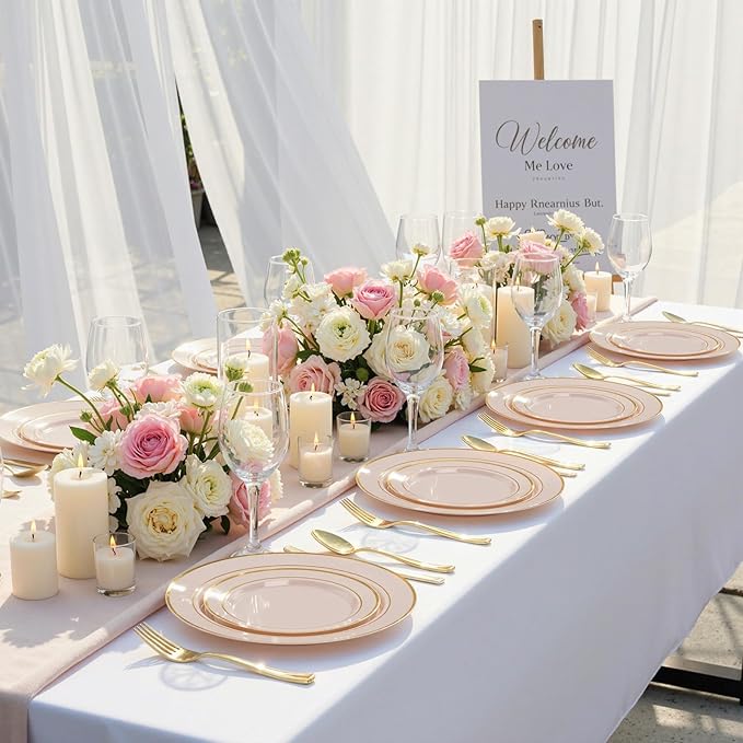 NOCCUR 200PCS Pink Plastic Plates for 100 Guests - Include 100PCS 10" Dinner/ 100PCS 7" Dessert Plastic Plates Heavy Duty - Ideal for Wedding/Party/Valentines & Galentines Day