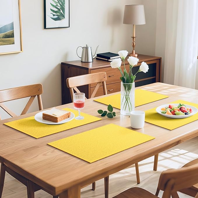 Blue Forest Placemats Set of 4, Dual-Layered Thickened Faux Linen Table Mats Heat Resistant Machine Washable Wrinkle Free Place Mats for Kitchen Dining Outdoor/Indoor (Bright Yellow)